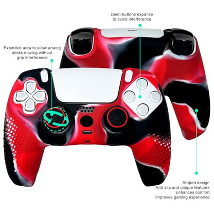 Anti-Slip Red&Black Controller Skin,Studded Edition Protective Silicone Cover Skin Grips Compatible with PS5/Slim/Pro Controller and 6 PCS Thumb Grips Caps. - color: Red & Black