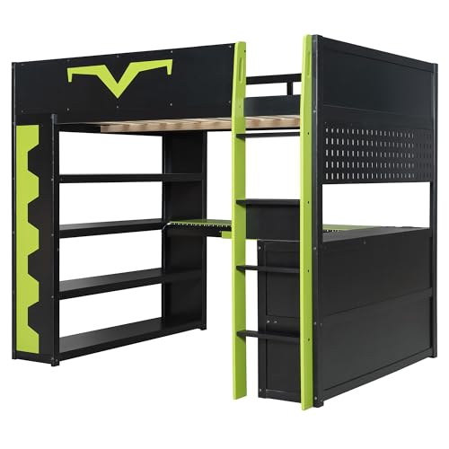 Merax Gaming Loft Bed with Integrated Desk & RGB LED Lights, Pro-Gamer Bed with Power Outlet, Large Bookshelf, Pegboard, Keyboard Tray & Storage Drawer, 3 Colors Available, Full Size, Green