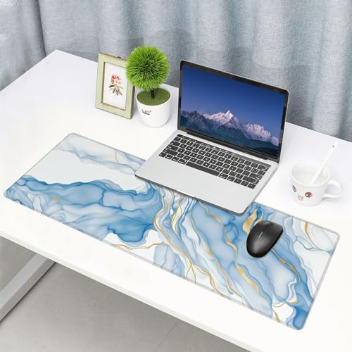 Large Mouse Pads for Desk, Extended Marble Gaming Mousepad for Women Office Gifts, Funny XL Big Stitched Waterproof Nonslip Computer Mats Deskmat for Keyboard, (Light Blue and White, 31.5 * 11.8 In) - color: Light Blue and White Marble
