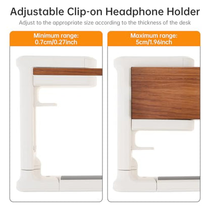2pcs Under Desk Headphone Hanger Holder Utility Hook 360° Rotating Adjustable Clamp-on Earphone Hook Holder Mount Cable Clip Organizer Fit for PC Gaming Office Headset Hanger Gift (White) - color: White