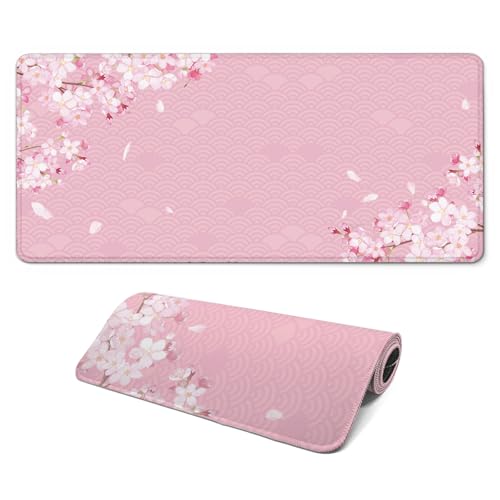 Gaming Mouse Pad with Anti-Slip Rubber Base, Extended Large Computer Mouse Mat with Stitched Edges, Long XL Anime Mousepad for Laptop and Keyboard, 31.5 x 11.8 inch (Pink Cherry Blossom) - color: Pink Cherry Blossom