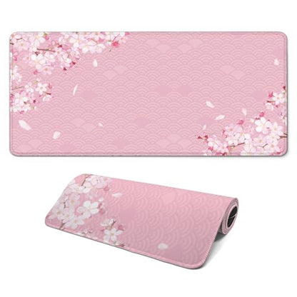 Gaming Mouse Pad with Anti-Slip Rubber Base, Extended Large Computer Mouse Mat with Stitched Edges, Long XL Anime Mousepad for Laptop and Keyboard, 31.5 x 11.8 inch (Pink Cherry Blossom) - color: Pink Cherry Blossom