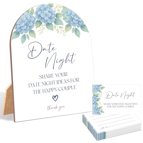 51 Pc Something Blue Before I Do Date Night Ideas Game, Dusty Blue Hydrangea Bridal Shower Game, 6x8 Inch Arch Wooden Sign with Stand and 50 Date Night Cards, Wedding Shower Decor - YHZ05 - color: Something Blue Before I Do05