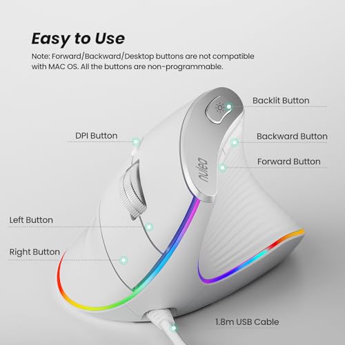 Nulea M504 유선 수직 마우스, USB 인체 공학적 광학 마우스, 4가지 조절 가능한 DPI, 11가지 RGB 백라이트 모드, 노트북, PC, 데스크톱, 맥과 호환, 화이트 - color: C-화이트