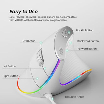 Nulea M504 유선 수직 마우스, USB 인체 공학적 광학 마우스, 4가지 조절 가능한 DPI, 11가지 RGB 백라이트 모드, 노트북, PC, 데스크톱, 맥과 호환, 화이트 - color: C-화이트