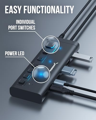 SABRENT 7-Port USB-C Hub, 48W Powered, 5Gbps, 3 USB-A + 4 USB-C (HB-3A4C) | 20W PD; LED status; aluminum body; power switches; for Mac, PC, Steam Deck, ROG Ally - size: 7-Port - 3 USB-A + 4 USB-C
