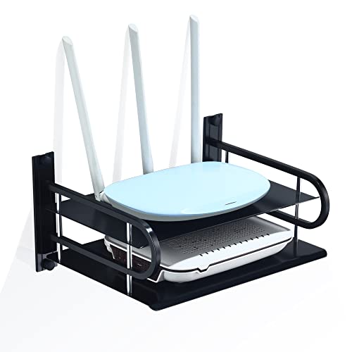 HNVNER 2-Tier Media Wall Shelf for Modem Cable Box, Metal, 9.8x8.3 Inch | Sturdy Aluminum, Rust-proof, Matte Black, Holds 22LB for 2 devices, Cable Holes & Open Airflow for Small Projector Router - color: 2 Layers-small-1pcs