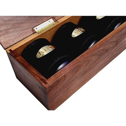 Golden Gate Professional Dice Cup Set - 6 Leather dice Cups in Walnut Case with 30 Dice & Dice Games Book (Includes Liar's Dice) for Yahtzee/Farkle/Bar Party Dice Games - Personalized Brass Plates - style: Six-Personalized Leather Dice Cups in Walnut Case