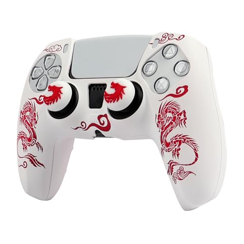 RALAN Dragon Controller Skin Silicone for PS5, Non-Slip Grip Cover Protector Compatible with PlayStation 5 Controllers with 2 Thumb Grip Caps - color: white Red thick dragon