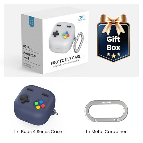Delidigi Retro Gaming Case Compatible with Samsung Galaxy Buds 4 Pro & Galaxy Buds 4 (2026) – Silicone Protective Cover with Carabiner, Game Console Style Earbuds Case Accessories - color: Midnight Blue, size: Galaxy Buds 4/Galaxy Buds 4 Pro (2026)