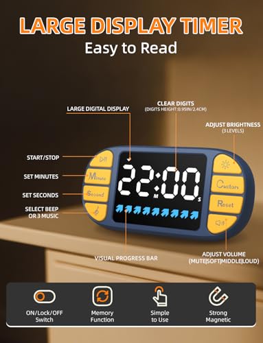 Digital Kitchen Visual Timer: 3.6'' Large LED Display, Magnetic, 3 Brightness, 4 Alarms and Volume, Memory Function, Countdown Count up for Cooking, Classroom, Home Gym, AAA Battery Included - color: Blue