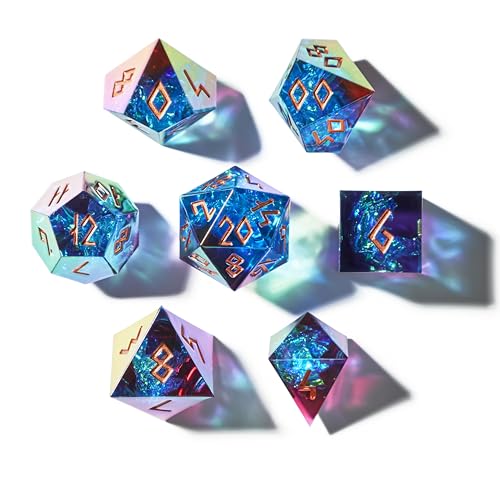 Iridescent DND Dice Set with Glowing LED Display Box – Sharp Edge Polyhedral Dice with Mesmerizing Finish | Bonus Stickers Included | Dungeons and Dragons (TTRPG) Dice Set - color: (Non-liquid Core) Iridescent - Aetherflare