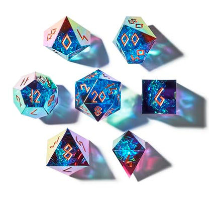 Iridescent DND Dice Set with Glowing LED Display Box – Sharp Edge Polyhedral Dice with Mesmerizing Finish | Bonus Stickers Included | Dungeons and Dragons (TTRPG) Dice Set - color: (Non-liquid Core) Iridescent - Aetherflare