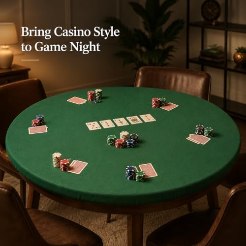 Katai Poker Table Cover - Green Felt Casino Style for Game Night, Poker, Mahjong, Board Games, Round Table Top, 36-45 Inch, Noise Reducing, Slip Prevention, Smooth Fabric, Includes 6 Cork Coasters