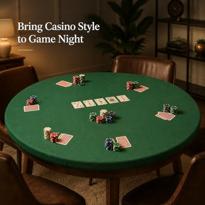 Katai Poker Table Cover - Green Felt Casino Style for Game Night, Poker, Mahjong, Board Games, Round Table Top, 36-45 Inch, Noise Reducing, Slip Prevention, Smooth Fabric, Includes 6 Cork Coasters