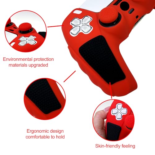 Anti-Slip Red PS5 Controller Skin,Soft Thicken Studded Protective Silicone Cover Skin Grips Compatible with PS5/Slim/Pro Controller and 8 PCS Thumb Grips Caps. - color: Red&Black