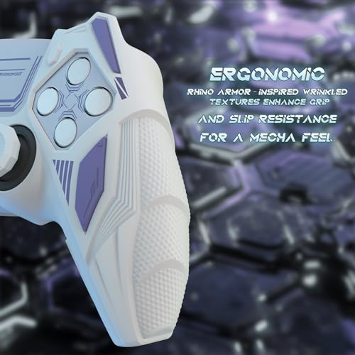 PlayVital Silicone Skin Set for PS5 Controller - Mecha Rhino Design, Anti-Slip Grip Cover Protector Compatible with Charging Dock, with Thumb Grips & Touchpad Sticker - White & Light Violet - color: White & Light Violet