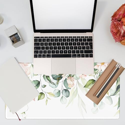 Desk Mat, Watercolor Pink Flowers Desk Pad, Green Leaves Flowers Large Gaming Mouse Pad for Desk, 31.5"x15.7" Extended Big Computer Keyboard Mouse Pad with Non-Slip Base and Stitched Edge - color: Watercolor Pink Flowers