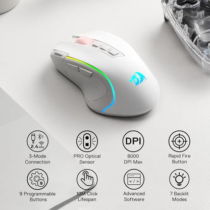 Redragon M612 Wireless RGB Optical Gaming Mouse 8000 DPI Remapping Keys | Cable-Free 0 Delay, Redefine Keybinding Macro, Vibing Backlight, Ergonomic Grip Body Comfort - color: White, style: Wireless