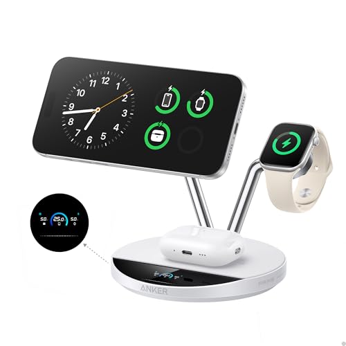 Anker Prime 3-in-1 Qi2.2 MagSafe Compatible 25W Wireless Charging Station | Smart Display with TEC Active Cooling, for iPhone 17, Apple Watch, AirPods Pro, and More (Adapter Included) - color: White