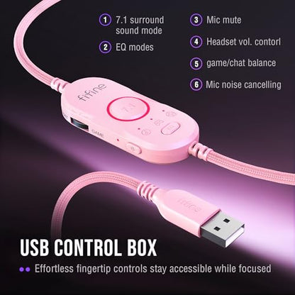 FIFINE AmpliGame H13P Wired RGB Gaming Headset for PC, Mac, PS4, PS5 | 50mm Drivers, 7.1 Surround Sound, Solid Metal Frame, AI Noise Canceling Mic, Game/chat Balance, for gaming/streaming - color: Pink
