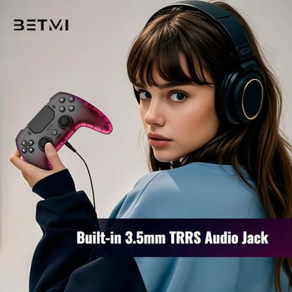 BETMI Wireless Controller for PS-5, Pro/Slim/PC (Black/Hot Pink/Clear) | Hall Effect Joystick & Trigger/Macro/Turbo/RGB Light/3.5mm TRRS Audio Jack/Speaker/Mic/Mute Button/6-Axis Gyro/Dual Vibration