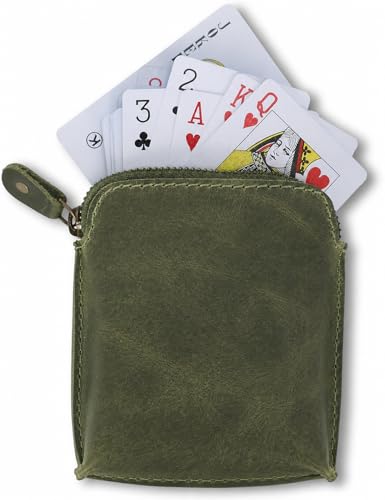 Premium Full Grain Leather Playing Card Case, Zippered Playing Card Holder for Poker Bridge Cards, Durable Leather Card Deck Storage Organizer Travel Card Carrying Pouch Multi Purpose Wallet - color: Green