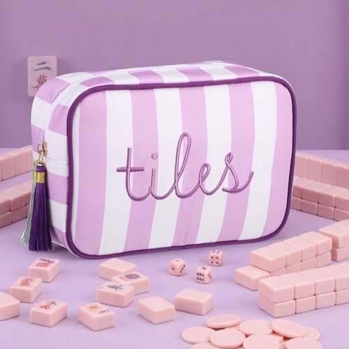 Sanwuta 1 Pcs Mahjong Tile Bag with Zipper,Purple,Striped | Embroidered Mahjong Case for 166 American Mahjong Tiles (1.2") Portable Bags for Board Game Party Gathering Travel - color: Purple, style: Classic