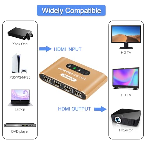 HDMI Switch 3 in 1 Out, 4K@60Hz HDMI Splitter with Remote Control, 3 Ports HDMI Switcher, Perfect for Full HD 4K 1080P 3D Video Roku Fire TV Blu-ray Players Stick Apple PS4/PS5 Xbox Chromecast (Gold) - color: Gold