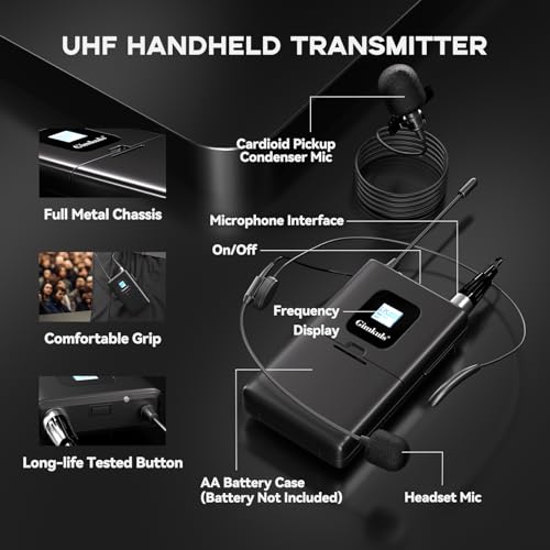 Gimkuls Dual-Channel UHF Wireless Lavalier Microphone System for Church | Complete 4-in-1 Kit: 2 Bodypacks, 2 Headset Mics, 2 Lapel Mics, 200 Frequencies, XLR/6.35 mm for Teaching and Presentations