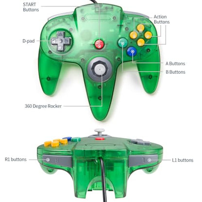KIWITATA Classic N64 USB Controller, N64 Remote Wired Emulated Game Joystick Controller for Windows PC & MAC & Raspberry Pi 3 Clear Green - color: green