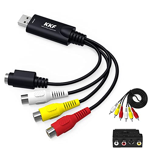 Kkf USB 2.0 Video Capture Card for Streaming – VHS to Digital Converter, with Audio Transfer Grabber, Digitize Video DSLR DVD PS3 PS4 Camera Adapter, for Mac, PC or Notebook (IU037B-2)