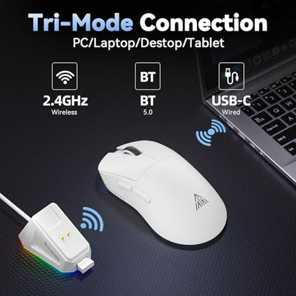SOLAKAKA SM822 Wireless Gaming Mouse with Charging Dock, Tri-Mode Wireless Mouse, PAW3311 Optical Sensor, Up to 24,000DPI, 62g Lightweight Mouse with 5 programmable Buttons, for PC, Laptop (White) - color: White