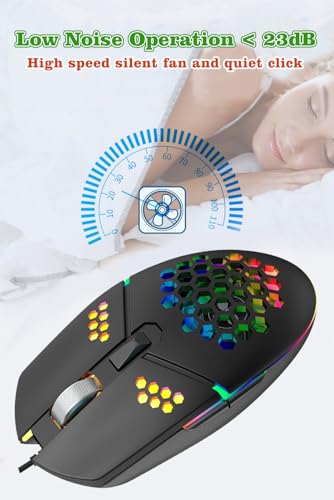 Newly Wired Gaming Mouse with Fan, Cooling Fan Honeycomb PC Mouse RGB Led Gaming Mouse for Laptop, Silent Click & 4 DPI Levels - No Sweaty Palm