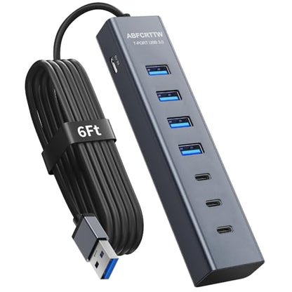 6Ft 7-Port USB Hub 3.0 for Desktop, 4 USB-A & 3 USB-C Ports Aluminium 5Gbps USB Extender Hub, USB Splitter, USB Hub Long Cable for Desktop, PC, Flash Drive, Mobile HDD SSD, Windows/XPS - size: 6Ft