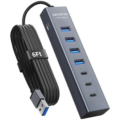 6Ft 7-Port USB Hub 3.0 for Desktop, 4 USB-A & 3 USB-C Ports Aluminium 5Gbps USB Extender Hub, USB Splitter, USB Hub Long Cable for Desktop, PC, Flash Drive, Mobile HDD SSD, Windows/XPS - size: 6Ft