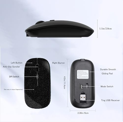 WREANU Wireless Bluetooth Mouse Rechargeable Laptop Mice Silent Slim Use(Bluetooth5.2 and Portable 2.4GHz USB Receiver)Dual Mode Computer Mouse for Laptop/iPad/Tablet/Apple/Computer/Mac(Bright Black) - color: Bright Black