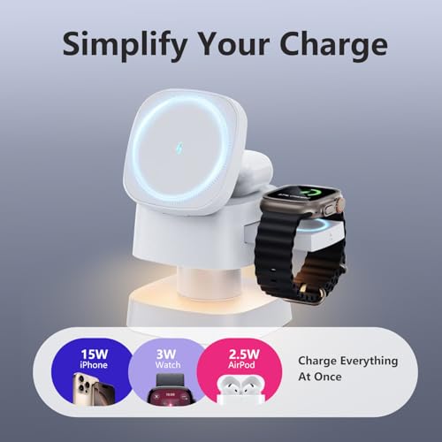 【2026 Upgraded】4 in 1 Wireless Charger, 3 in 1 Wireless Charging Station with Night Light for MagSafe Charger, 15W Magnetic Travel Stand for iPhone17/Air/Pro/Max/16/15/14/13/12, Apple iWatch, Airpods - color: white