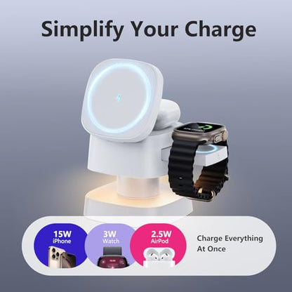 【2026 Upgraded】4 in 1 Wireless Charger, 3 in 1 Wireless Charging Station with Night Light for MagSafe Charger, 15W Magnetic Travel Stand for iPhone17/Air/Pro/Max/16/15/14/13/12, Apple iWatch, Airpods - color: white