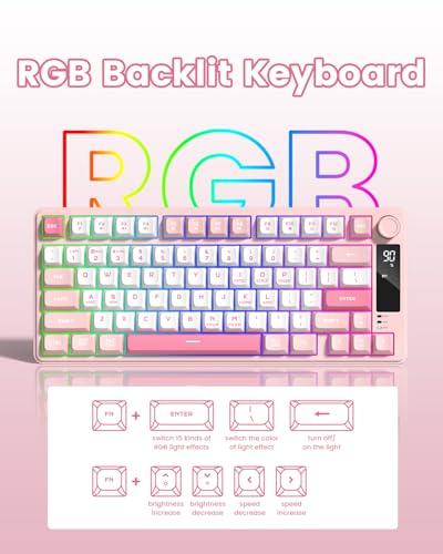 Womier DK75 75% Wireless Gaming Keyboard, RGB Backlit Creamy Keyboard with Media Knob, OLED Screen, Tri-Mode 2.4GHz/USB-C/BT5.0, Anti-Ghosting No-Conflict Silent Membrane Keyboard for MAC Windows - color: Pink