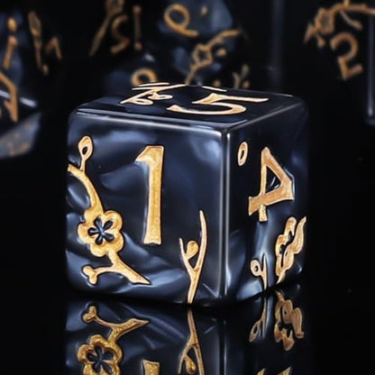 CiaraQ 7pcs Polyhedral Dice Set for Dungeon and Dragons MTG Table Games | Acrylic Role Playing Dice for D&D with Black Velvet Bag – Black Pearl with Gold Numbers & Patterns - color: Black and Gold Floral Dice