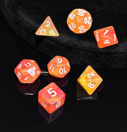 Orange DND 주사위 7개 세트 (브라이트 오렌지) | TTRPG, 던전 앤 드래곤, 롤 플레잉 게임 및 기타 테이블 게임을 위한 아크릴 다면체 주사위 세트 - D20 시스템 주사위 - color: 밝은 주황색.