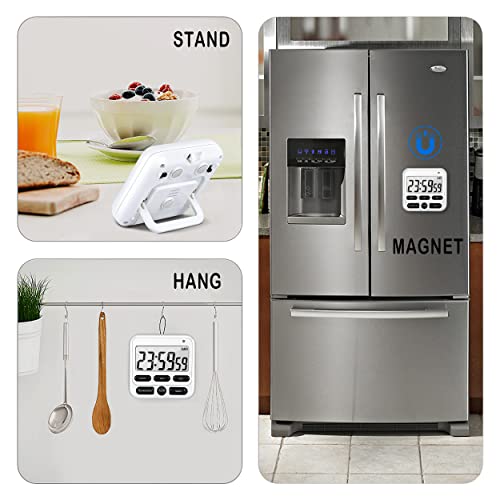 4-in-1 Digital Timer with Count Up/Down, Clock & Alarm, Ring & Silent Modes | Large 2.8-Inch easy-read LCD, On/Off switch, 24-Hour count up/down, Fast-forward function, Magnetic back, stand, hanging hole - color: White
