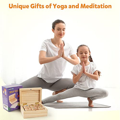 Homotte Wooden Yoga Dice Set for Kids Fun Workout Game | Including 6 Exercise Dice, 12 Yoga Cards & A Box, Mindfulness Yoga Set for Girls & Beginners