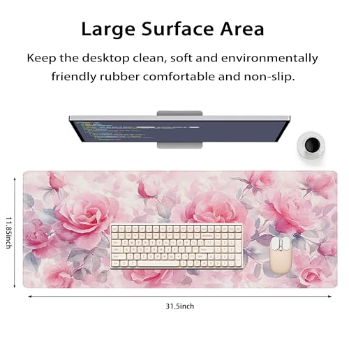 31.5”x11.8”Large Gaming Mouse Pad for Desk, Mouse Mat with Seamed Edges, Waterproof Desk Pad, Non-Slip Rubber Base, Keyboard Pad Computer Mat, Big XL Mousepad-Pink Roses Watercolor - color: Pink Roses Watercolor