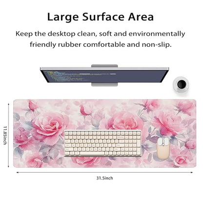 31.5”x11.8”Large Gaming Mouse Pad for Desk, Mouse Mat with Seamed Edges, Waterproof Desk Pad, Non-Slip Rubber Base, Keyboard Pad Computer Mat, Big XL Mousepad-Pink Roses Watercolor - color: Pink Roses Watercolor