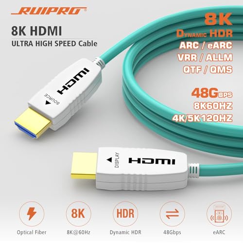 8K Fiber Optic HDMI 2.1 Cable, 48Gbps, 8K60, 4K120, HDR, eARC, 33FT | Fiber Optic Technology Reduces EMI and Signal Loss vs Copper Cables for Stable 4K@120Hz Gaming and Long-Distance 8K Video - color: A-8K Fiber Gen3/C, size: 33FT