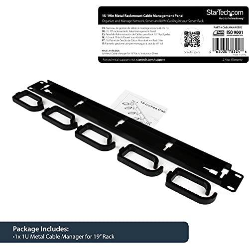 StarTech 1U 19in Rack Cable Management Panel, D-Ring, Metal (CABLMANAGER2) | Horizontal or vertical wire manager, 3in ABS plastic hooks spaced 4in, Fits 2 or 4-post racks - style: 1U Multi-Direction Rotating