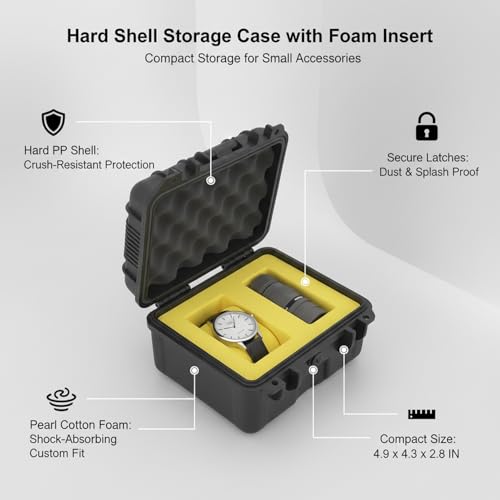 Compact Hard Shell Storage Case with Foam Insert, Durable PP Plastic Protective Box for Small Accessories, 4.9 x 4.3 x 2.8 Inches, Black