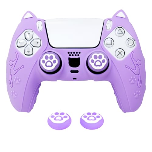 Purple Cat Ear PS5 Controller Cover - Cute Silicone Skin with Cat & Paw Prints + 2 Matching Lavender Cat Paw Thumbstick Caps | Kawaii Grip for PlayStation 5 - color: Lavender Purple
